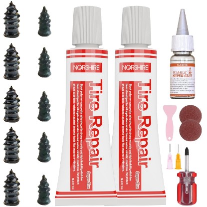 صورة NORSHIRE Tire Repair Screw Kit, 10 Self-Sealing Screw-in Tire Plugs with Screwdriver and 3 Repair Adhesives, Quick Tubeless Tire Puncture Repair for Car, Motorcycle, Truck, ATV and Tractor