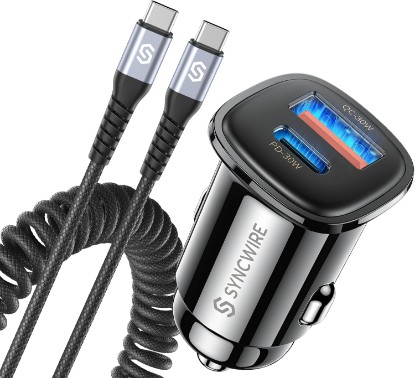 Picture of SYNCWIRE USB C Car Charger 60W [PD 30W & QC 30W] Fast Charging USB Adapter with 5FT Type C Coiled Cable Compatible with iPhone 16/16 Plus/16 Pro/16 Pro Max/Galaxy S23/S22/ Google Pixel 7/7Pro