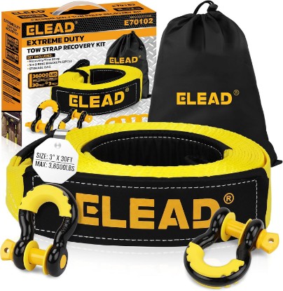 Picture of 3" x 30Ft Recovery Tow Strap Heavy Duty with Hooks - 36000 LBS Break Strength, 3/4 D Ring Shackles (2pcs), Emergency Recovery Strap Tow Rope for Truck, SUV, ATV Offroad Vehicle