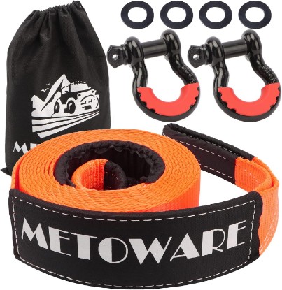 Picture of METOWARE Heavy Duty Tow Strap Recovery Kit with D Ring Shackle, 3" x 20ft | 35,000lbs, Tree Saver Winch Strap, 3/4" D Ring Shackles (2pcs), Storage Bag, Truck, SUV, ATV Off Road Recycled Claim Standard Blended