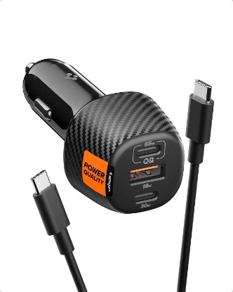 Picture of Spigen ArcStation Essential 113W USB C Fast Car Charger | [E-Marker Cable Included & 3 Ports] Mini Cigarette Lighter Charger, Compatible with iPhones, Galaxy, Pixels