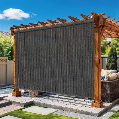 Picture of Grey Outdoor Roller Shades 8' W x 8' H, Exterior Cordless Patio Shade Roll up-Down Blinds Spliced Design (Fixed 2 Poles, One-Full Piece Fabric Sunshade)