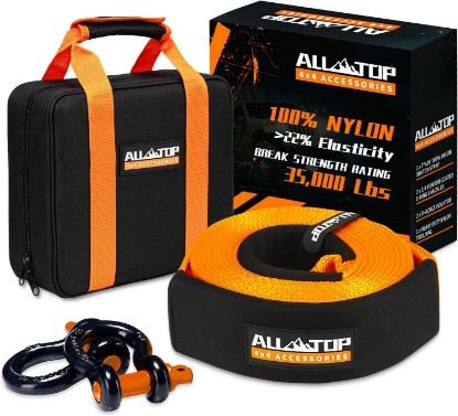 Picture of ALL-TOP Heavy Duty Tow Strap Recovery Kit: 3 inch x 20ft (35,000lbs) 100% Nylon and 22% Elongation Snatch Strap + 3/4 Heavy Duty D Ring Shackles (2pcs) + Storage Bag