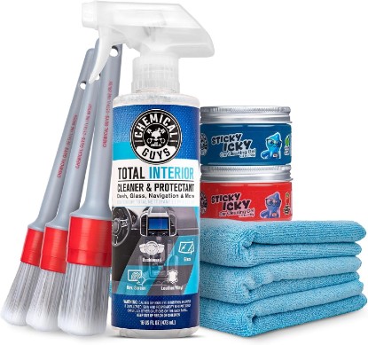 Picture of Chemical Guys 9-Piece Interior Car Cleaning Kit, Cleaner, Gel, Brushes | Total Interior, scented cleaning gel, three brushes and three towels for dashboards, seats, vents and trim