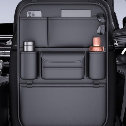 صورة Leather Car Seat Organizer for Cars, SUV & Truck - Back Seat Headrest Storage Organizer with 6 Pockets, Large Capacity Waterproof Car Organizer Pocket for Phone, Bottle, Tissue, Toys