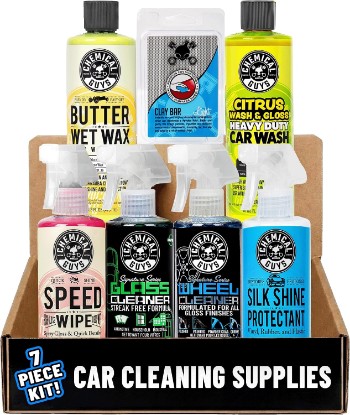 Picture of Chemical Guys 7-Piece Starter Car Care Kit, Wash, Wax & Interior Cleaning | Six 16 oz care chemicals plus accessories for washing, waxing and interior cleaning, an all-in-one starter set
