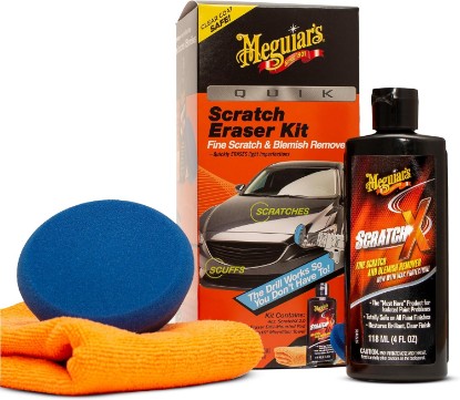 Picture of Meguiar's Quik Eraser Kit, Car Scratch Remover, 4 Piece Kit | For Light scratches, Scuffs, Paint transfer, Car Scratch Repair Kit with ScratchX, Drill-Mounted Pad and Microfiber Towel