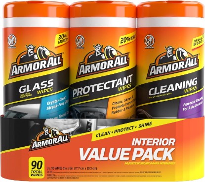 Picture of Armor All Car Interior Value Pack, 90 Count, Auto Cleaning Wipes | Car cleaning wipes, glass wipes for screens, windows and mirrors, protectant for vinyl and plastic, 30 count each