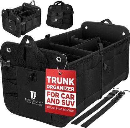 صورة Car Trunk Organizer for SUV & Truck Cargo Storage, Large, Black | Fits Cars, SUVs & Trucks 4 Adjustable Compartments Non-Slip Base & Straps Foldable 11 Pockets Car Accessories