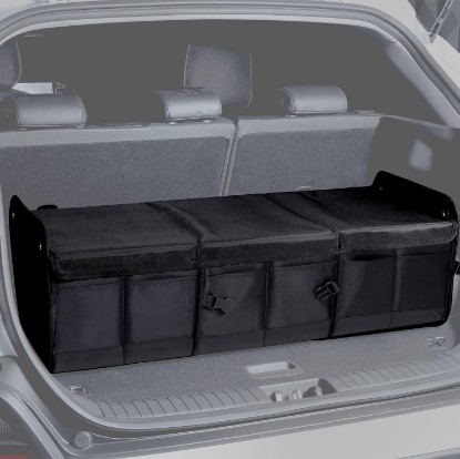 Picture of 1680D 114L Extra-Large Collapsible Car Trunk Organizer with Lid | Water-repellent Oxford, rigid PP panels, 3 sections, 4 dividers, up to 22 storage areas, hook-and-loop base & anchor straps