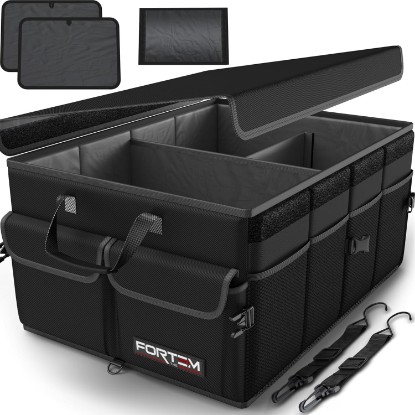 صورة FORTEM Trunk Organizer - Foldable Car Organizer & Storage for SUVs & Trucks | Car Accessories for Men Women, Collapsible Bag, Non Slip Bottom, Straps, Soft Cover, 600D Oxford, Black, 3 Compartments, 50L