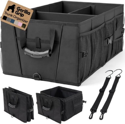 صورة GORILLA GRIP Trunk Organizer for SUV and Cars, Large Capacity Black | Heavy Duty Car Trunk Storage Organizer, Collapsible, SUV Accessories, Slip and Water Resistant, Multi Compartment Storage