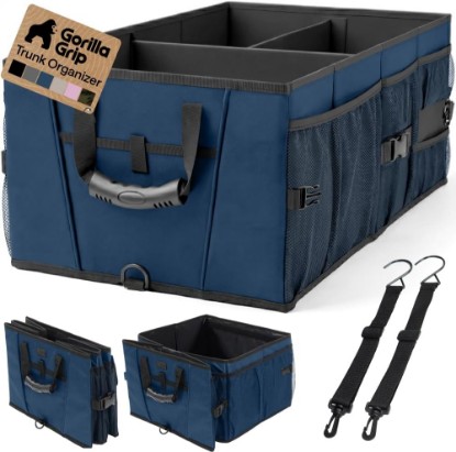 صورة GORILLA GRIP Trunk Organizer for SUV and Cars, Large Capacity, Blue | Heavy Duty Car Trunk Storage Organizer, Collapsible, SUV Accessories, Slip and Water Resistant, Multi Compartment Storage