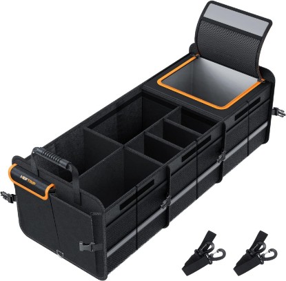 صورة HEYTRIP Large Trunk Organizer with Built-in Leakproof Cooler Bag, Black | Foldable Cover, 4 Removable Dividers for Custom Space, 2 Tie-down Straps, 2mm PE Board, Car Storage Organizer for SUV Sendan