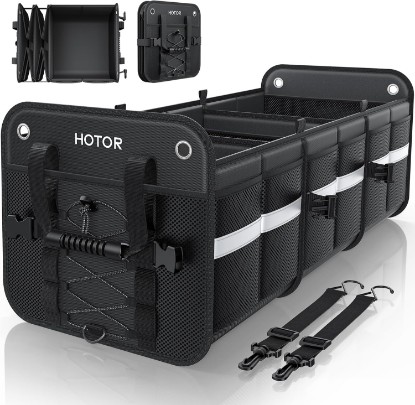 Picture of HOTOR Trunk Organizer for SUV – Car Storage Box Collapsible Car Organizer | 3 Compartments, with Reflective Strips, Essential Car Accessories for Truck, Van & Sedan, Black, 33.1" x 13.0" x 12.0"