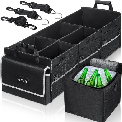 صورة HIRALIY 4-in-1 Car Trunk Organizer with Leakproof Cooler Bag | 75L Collapsible 3-Compartment Cargo Storage for SUVs, Cars and Trucks, 36 x 13 x 11 Inches, Black