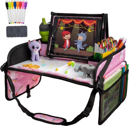 Picture of Lusso Gear Travel Car Seat Tray - Dry Erase Board & Secure Tablet Holder for Toddler Travel - Durable 600D Oxford Cloth with Snack & Toy Compartments for Road Trip Essentials for Kids - Pink Unicorn