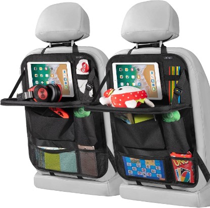 صورة LUCMO Car Backseat Organizer with Foldable Tablet Holder, Black | 2 Pcs,6 Storage Pockets,Foldable Food Tray,Protectors Kick Mats,Travel Accessories,Seat Cover,Road Trip Essentials