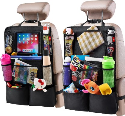 Picture of Helteko Backseat Car Organizer, Kick Mats Back Seat Protector with Touch Screen Tablet Holder, Back Seat Organizer for Kids, Travel Accessories with 9 Storage Pockets 2 Pack, Black