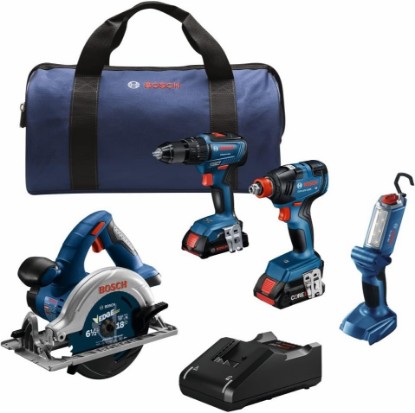 Picture of Bosch GXL18V-497B23 18V Power Tool Combo Kit - 4 Tool Cordless Set with 1/2 In. Hammer Drill/Driver, Two-in-One Impact Driver/Wrench, Circular Saw, Worklight, Batteries & Charger