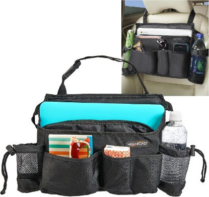 Picture of Car Front Seat Organizer with Laptop Sleeve, Bottle Holders and 6 Pockets | High Road Over the Seat Car Organizer with Padded Laptop or Tablet Sleeve and Easy to Reach Car Storage Pockets