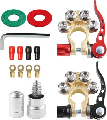 صورة 2 PCS Car Battery Terminal Connectors, 4-Way Quick Release Disconnect Battery Terminals with Contacts Washer Set and Hex Key, Gold Plated Battery Terminal Connectors for Most Vehicles