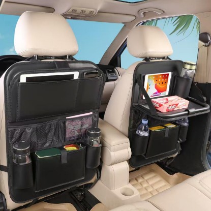صورة Leather Car Backseat Organizer with Tablet Holder - 9 Large Storage Pockets, Foldable Food Tray & Anti-Scratch Kick Mats - Universal Car Seat Protector for Kids, Pets & Travel Accessories 1 Pack