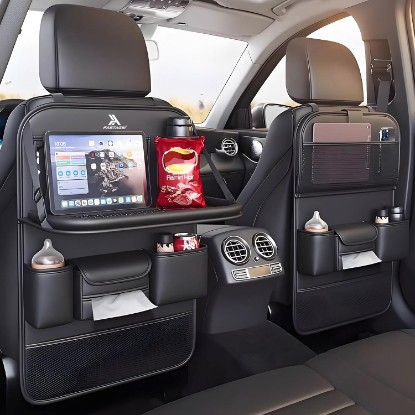 Picture of 2 Pack Universal Foldable Car Backseat Organizer with Table Tray, Car Seat Back Protector with Touch Screen Phone Holder, Premium Leather Kick Mats with Storage Pockets Tissue Box (Black)