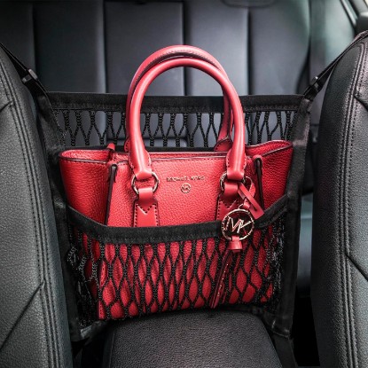 Picture of Car Organizer Between Front Seats, Purse Holder, Dog Barrier, Mesh Net Bag | AMEIQ Car Accessories, 3 Layers Net 2 Pockets Storage Bag, Purse Handbag Holder, Backseat Kid Pet Barrier, Black, Patented