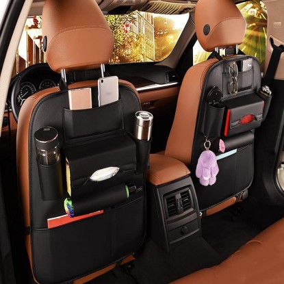 Picture of 2 Pack PU Leather Premium Car SeatBack Organizer Travel Accessories Kick mats Back seat Protector and Cup Holder Holder Universal Use Seat Covers (23×17 in)