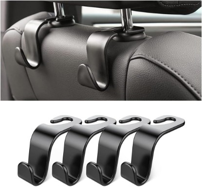 Picture of 4 Pack Curved Headrest Hooks for Vehicle Seats, Black Style 2 | rear-row hanging storage, supports bags coats and groceries, fits matching headrest posts, interior accessory ClimatePartner certified