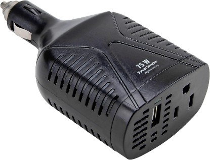صورة Amazon Basics 75W Portable Car Power Inverter, 12V to 110V, USB Charging Port, AC Outlet for Vehicles, Black, 5.07 x 2.65 x 1.6 inches
