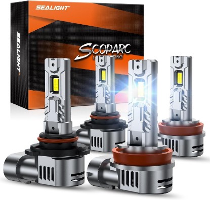 Picture of SEALIGHT S2S 9005/HB3 H11/H8/H9/H16 Light Bulbs Combo, 160,000LM Super Brighter, 6500K Pure White 9005 H11 Fog Bulbs with 25000RPM Cooling Fan, 80K+ Hours Lifespan, 4-Pack for Cars/Trucks/SUVs Global Recycled Standard