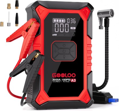صورة GOOLOO A3 12V 3000A Portable Jump Starter with Air Compressor | Supersafe Car Battery Booster Pack (9L Gas/6.5L Diesel) - BOOST for Dead Battery - 150 PSI Auto-Off Tire Inflator - LED Light