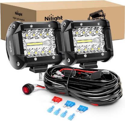 Picture of Nilight LED Light Bar 2PCS 60W 4 Inch Flood Spot Combo LED Work Light Pods Triple Row Work Driving Lamp with 12 ft Wiring Harness kit - 2 Leads