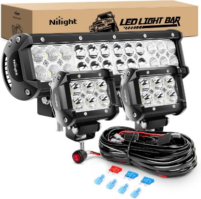 Picture of Nilight 12 Inch 72W Spot Flood Combo Led Light Bar 2Pcs 4Inch 18W Flood LED Pods Fog Lights Off Road with Wiring Harness Kit-3 Leads for Van Camper Car Pickup Golf Cart ATV UTV SUV Truck Boat 4x4