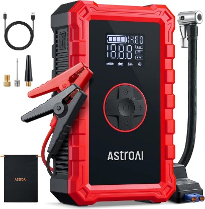 Picture of AstroAI S8 Air 3000A Jump Starter with Air Compressor, 12V Jump Box | Car Battery Booster for 9L Gas/6.5L Diesel - 150PSI Auto-Off Tire Inflator - 2.4" Large Screen - Power Bank - LED Light, Red