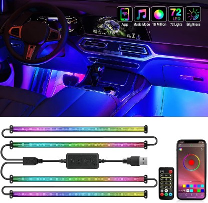 Picture of Nilight 4PCS USB Car Interior Lights Dream Color App and Remote Control | 72LED 5V DC RGB-IC Music Car Neon Accent Light Strips Under Dash Lighting Kit with Sound Active Function Global Recycled Standard