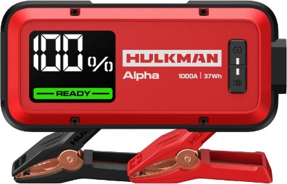 Picture of Hulkman Alpha,Ultra Red,1000A 37Wh Jump Starter,10000mAh Power Bank, Portable,12V Jump Box with Jumper Cables,45-Min Full Recharge,24-Month Standby,Easy Start,IP65,LED Display,for 6.5L Gas/3.0L Diesel ClimatePartner certified