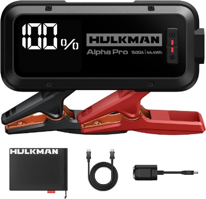 Picture of Hulkman Alpha Pro 1500A Jump Starter, 44.4Wh High-Capacity Car Battery Jump Starter, PD65W Fast Charging in & Out, 3.3" Smart Display Jump Box, 12V Jump Pack for 7.5L Gas/4.5L Diesel, Solid Black ClimatePartner certified