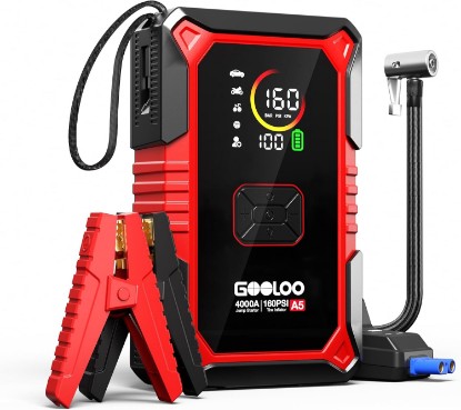 صورة GOOLOO A5 Jump Starter with Air Compressor, 4000A Portable Jump Box | Jumper Starter for All Gas & 10L Diesel - 160 PSI Auto-Off Tire Inflator - 45W Output with Built-In Cable - LED Flashlight