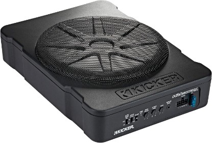 صورة KICKER 46HS10 Hideaway Compact Powered Subwoofer, 10-Inch | Built-in amplifier with wiring harness, slim low-profile bass for tight cabs, quick-disconnect install, 10 inch size
