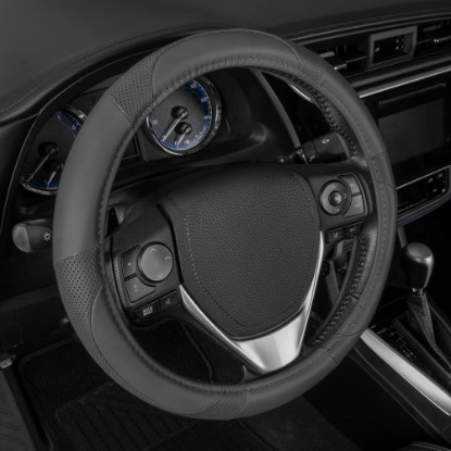 Picture of Motor Trend Perforated Microfiber Leather Steering Wheel Cover for Cars Trucks SUVs Vans, Sporty Racing Improved Grip Anti-Fatigue Ergonomic Design, Airbag Compatible - Fits Standard 15" Inch - Gray