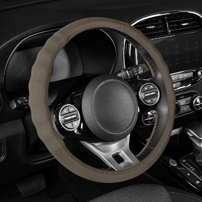 Picture of Motor Trend Soft Touch Leather Beige Steering Wheel Cover with Grooves, Advanced Traction Universal Fit for Standard Sizes 14.5 15 15.5 inches