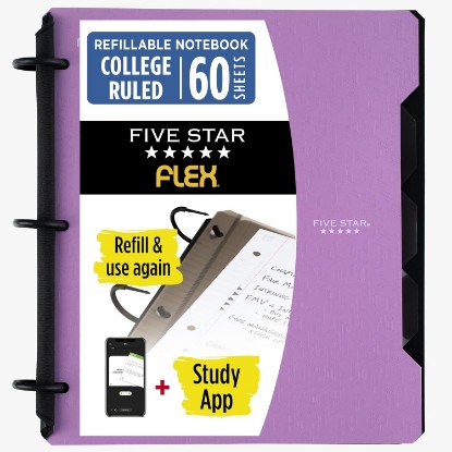 صورة Five Star Flex Refillable Notebook + Study App 1 Inch O-Rings Binder with Pockets Tabs and Dividers, 220 Sheet Capacity, Includes 60 Sheets 8.5" x 11" College Ruled Paper, Amethyst (29328AB6)