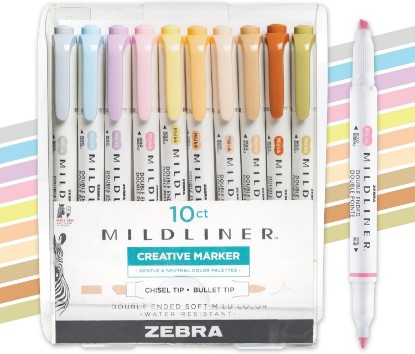 Picture of Zebra Pen MILDLINER Highlighter, Neutral and Gentle Colors, Dual Tip, 10-Pk | No Bleed, Broad and Fine Point Tip, Ideal for Bible Highlighting, Journaling, School, Teacher and Office Supplies (78701)