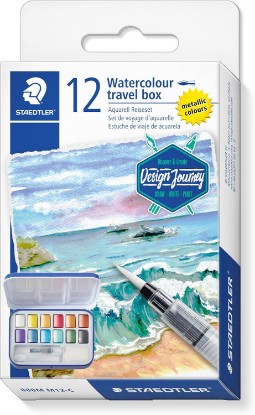 Picture of STAEDTLER Watercolour Paint Set - Travel Set - Design Journey - Including Mixing Palette, 12 Metallic Paints, Water Brush & Sponge - Set of 1, 888M M12-C