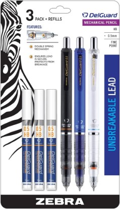 Picture of Zebra Pen DelGuard Asstd Barrel Mechanical Pencil, 0.5mm, Fine Point, 3-Pk | Break-Resistant Lead, Double-Spring Protection, Built-In Eraser, Ideal for School Supplies and Note-Taking, + Refills (58603)