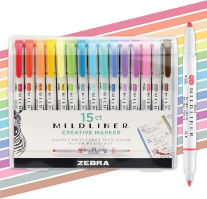 Picture of Zebra Pen MILDLINER No Bleed Highlighter, Assorted Colors, Dual Tip, 15-Pk | Broad and Fine Point Tip Marker Set, Ideal for Bible Highlighting, Journaling, School, Teacher & Office Supplies (78115)