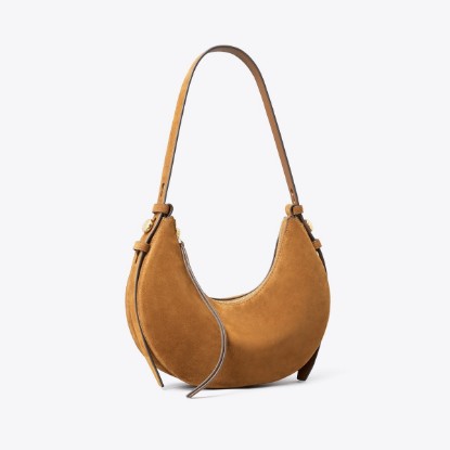 Tory Burch designer shoulder bags Romy Suede Half Moon Bag in Caramel angle